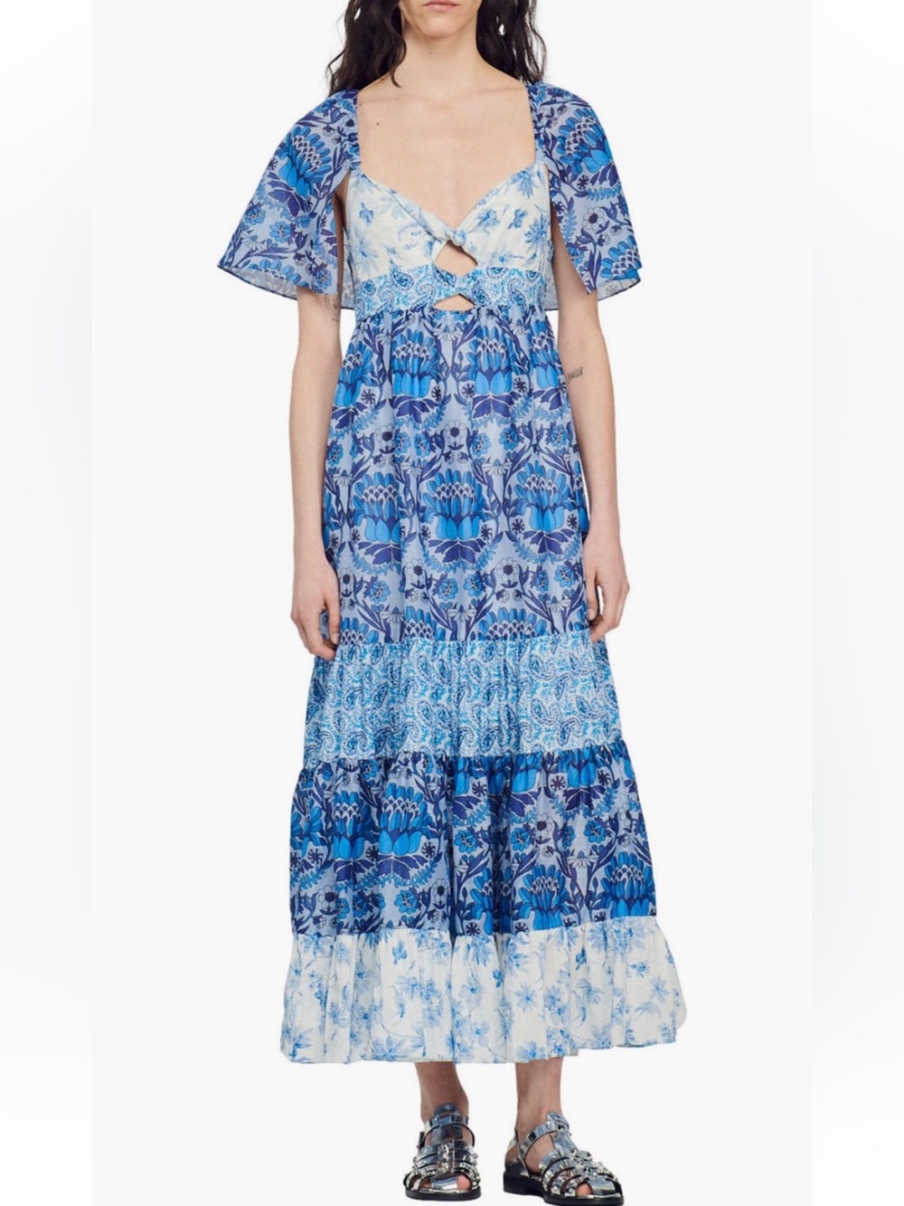 Sandro Short Sleeve Tiered Linen Blend Maxi Dress Size 4 NWT